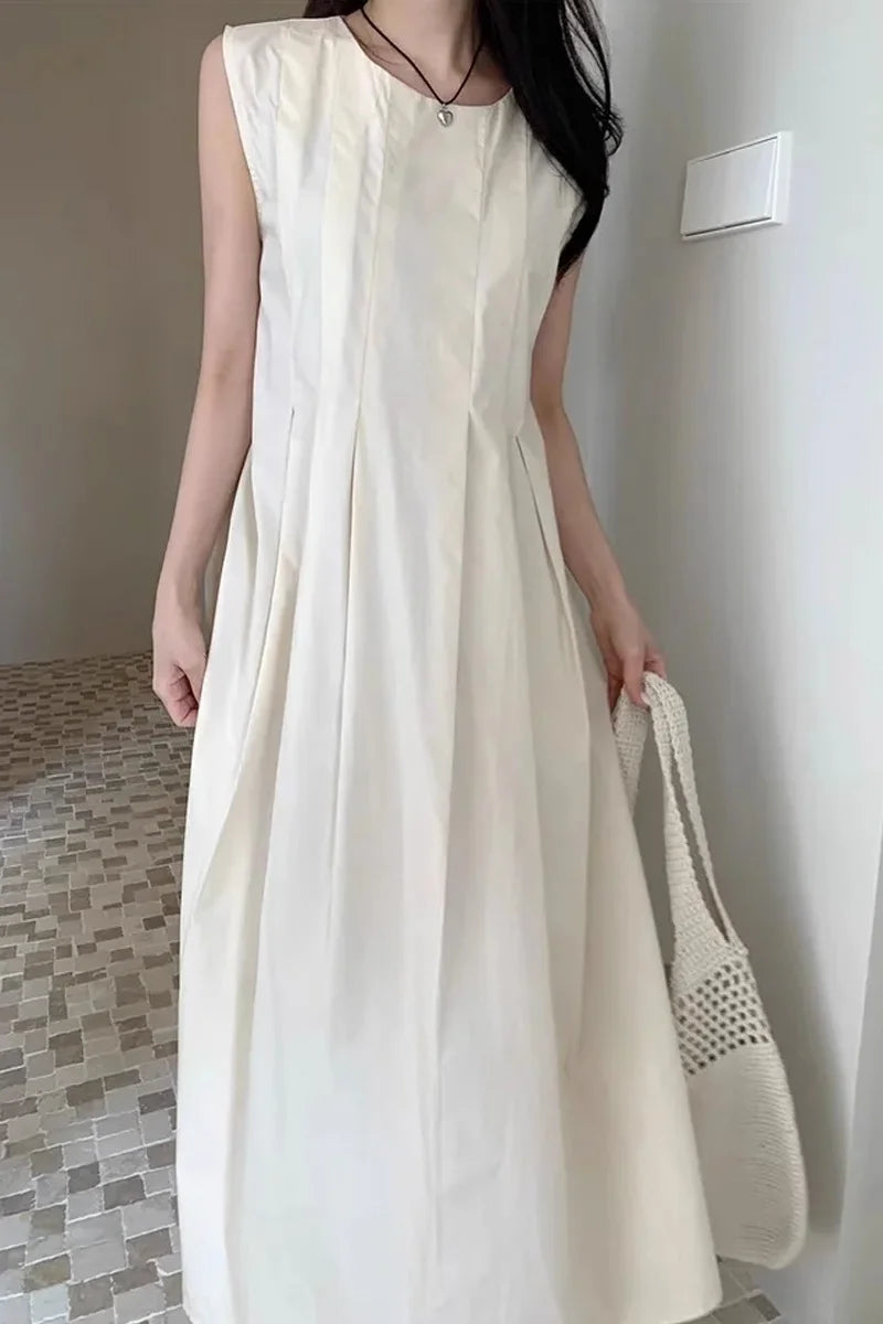 Chic round Ne Pleated Svel Women's Dr High Waist Slimming Midi Skirt Summer Faion Korean Sle Gown