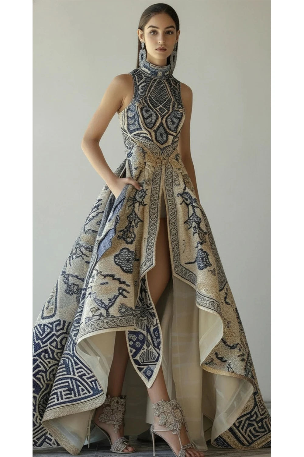 European Elegant Party Evening Formal Dress for Women's Low High Hem Pockets Floral Printed Wedding Guest Sleeveless Long Dress