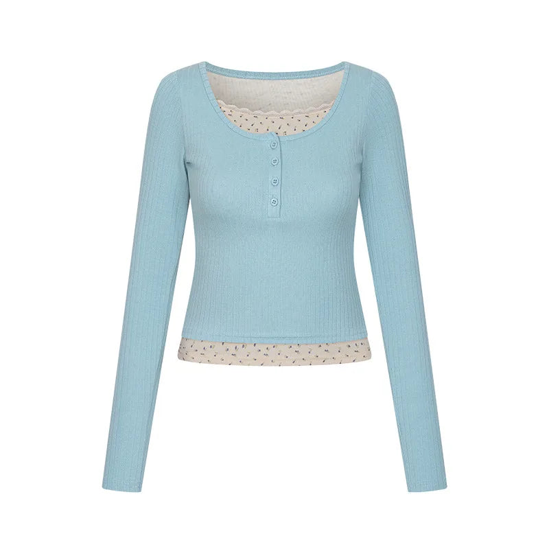 New Women's Long Sleeve T-shirt U Collar Spring and Autumn Slim Top French Style Women's Wear with Fake Two Lace Edge Y2k Top