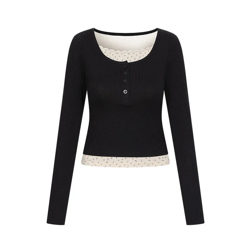 New Women's Long Sleeve T-shirt U Collar Spring and Autumn Slim Top French Style Women's Wear with Fake Two Lace Edge Y2k Top