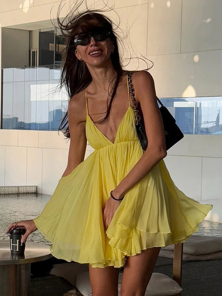 Nibber Sexy Backless Patchwork Dress Women Cross Lace-Up Sleeveless Deep V-Neck Temperament Tierred Midnight Club Mini Bodycon