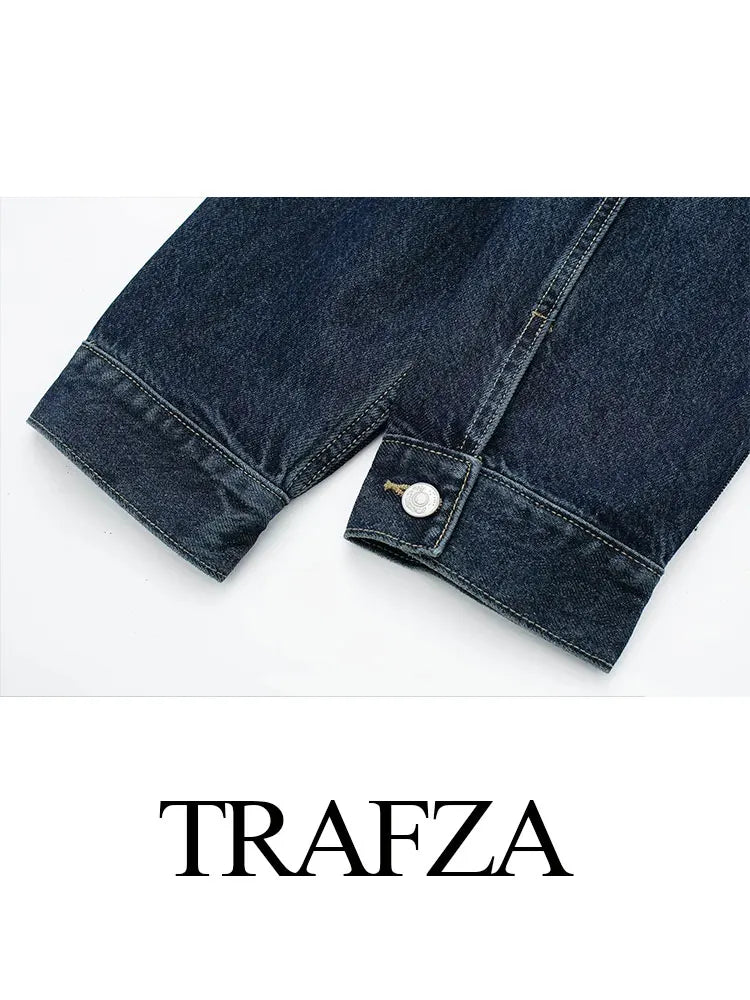 HH Women Dark Blue Denim Coat Heart Pattern Outerwear Long Sleeve Single Breasted Jacket Spring Female Chic Top Coats