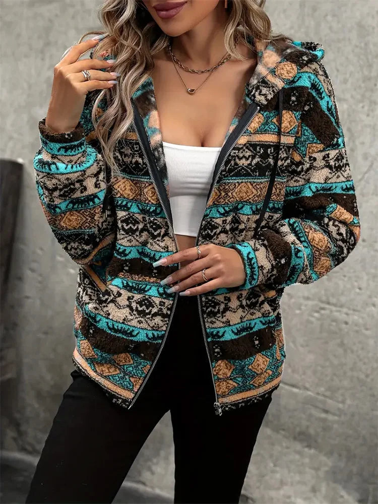Women's Boho Ethnic Sherpa Hooded Jacket Retro Aztec Print Soft Fleece Lined Zip Up Fall Winter Streetwear Warm Outerwear