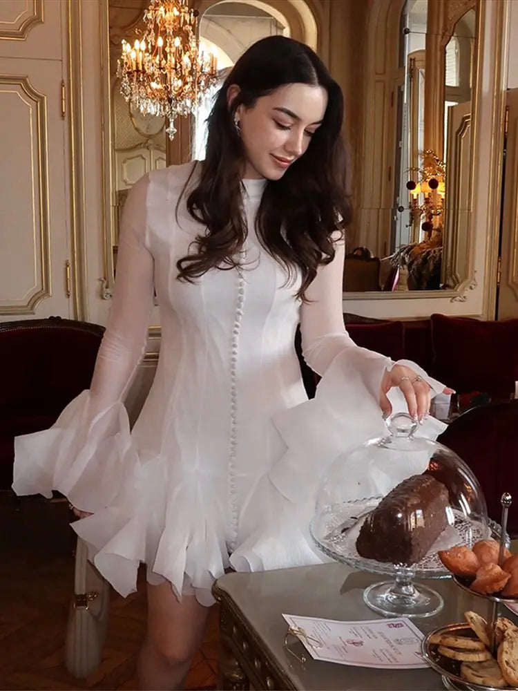 Puffy Flared Long Sleeve Dress Waist Cinched Round Neck Big Skirt Hem Party Gown French Slim Fit Fairy Short Dresses Summer New