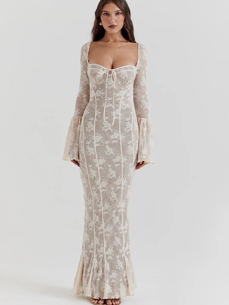 Fantoye Sexy Square Collar Maxi Dress For Women Black Long Sleeve Lace Up Dress Female Autumn Skinny Elegant Party Club Outfits