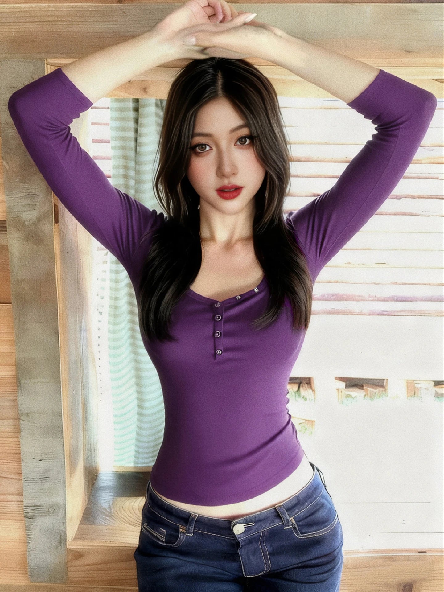 Hugcitar Fashion Pure Color O Neck Three Quarter Sleeve Buttons Women'S Blouse Shirt Women Casual Tops Streetwear Festival