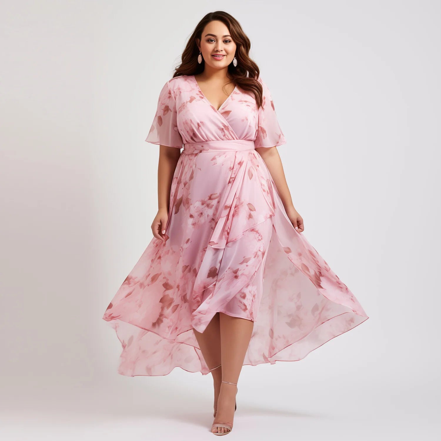Flycurvy Plus Size Vacation Pink Chiffon Floral Print Wrap Slit Maxi Dress
