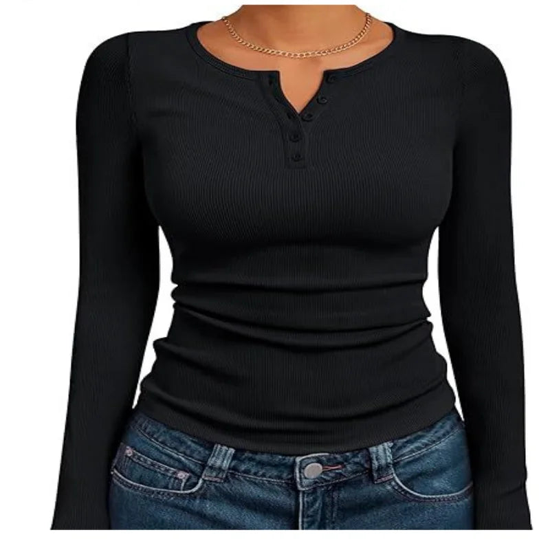 Women Fall Spring Top O Neck Button Long Sleeve Shirts Solid Color Slim Fit Pullover T-shirt Blouse Simple Style Lady Costume