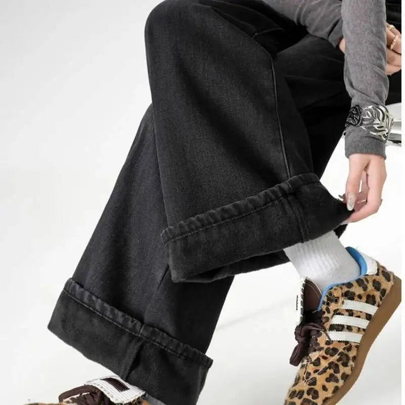 For Woman Y2k Jeans Flared Trousers Wide Leg Fleece Lined Thick Warm Retro Straight Long Pants Fashion Casual