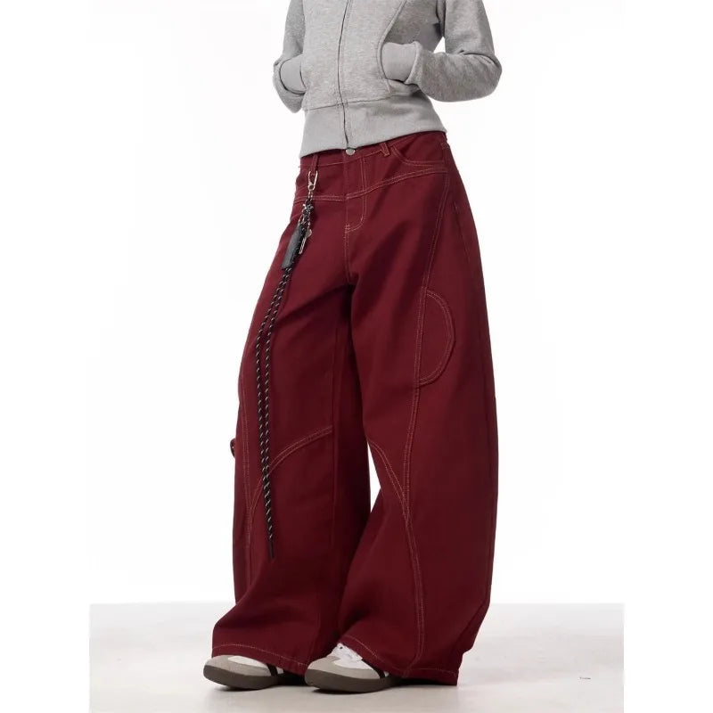 Cargo Red Casual Jeans Womens Workwear Pants Loose Straight Wide Leg Trousers Spring Korean Style Lazy Comfortable Chic