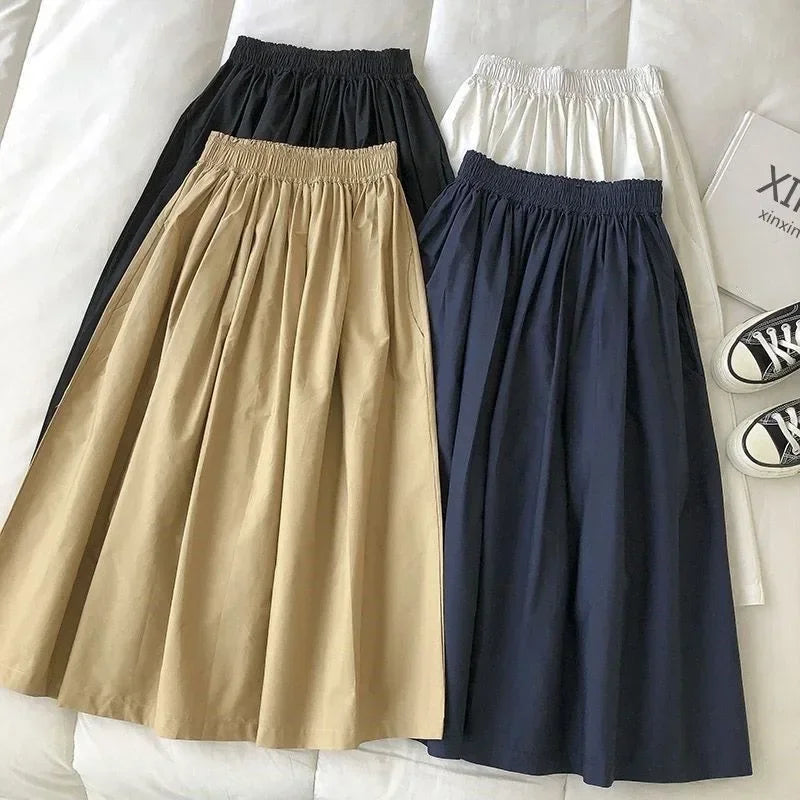 NEW Women's White Long Skirt High Waist A-Line Knee-Length Fashion Pockets Pleated Casual Elegant Skirts for Autumn
