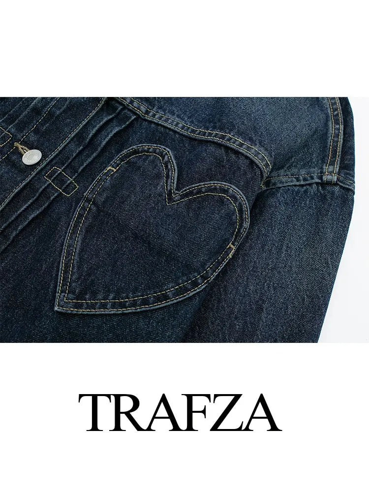 HH Women Dark Blue Denim Coat Heart Pattern Outerwear Long Sleeve Single Breasted Jacket Spring Female Chic Top Coats