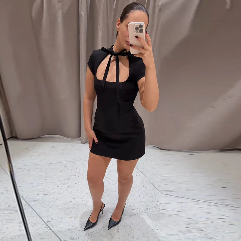 Fashion Polka Dot Mini Dress For Women Elegant Bow Tie Neck Short Sleeve Waist Slim Dress Lady 2026 Spring Summer Chic Vestidos