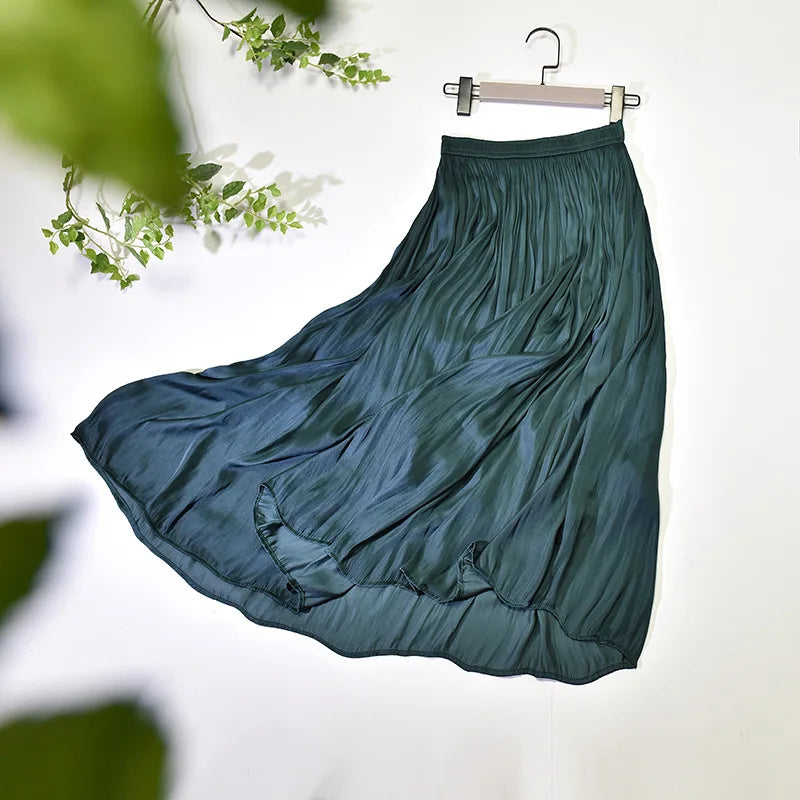 Summer Silky Skirt Elastic High Waist Glossy Silky Long Skirt Milk Silk A-line Long Skirts Women Beach Pearlescent Dress