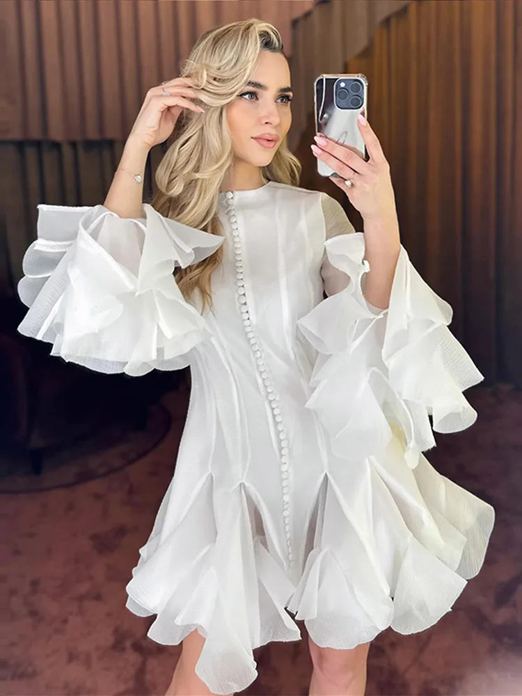 Puffy Flared Long Sleeve Dress Waist Cinched Round Neck Big Skirt Hem Party Gown French Slim Fit Fairy Short Dresses Summer New