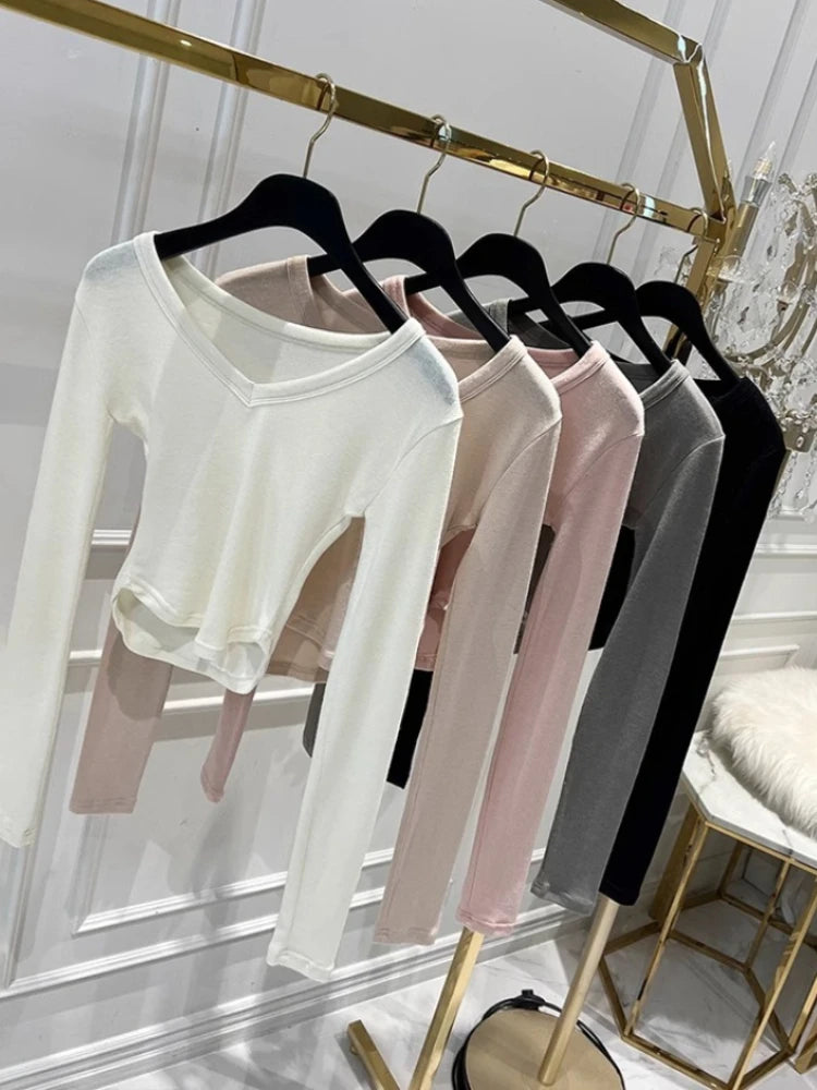 Korean 2026 Spring Summer Style T-shirt Elegant Slim-fit V-neck See-through Short Sleeve T-shirt Sexy Women Crop Top