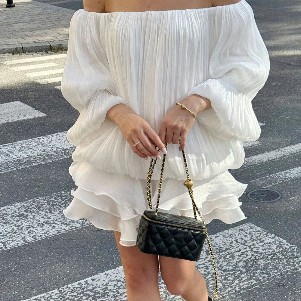 Ticketsx Summer Shiny One Shoulder Skinny Pleated Mini Dress Elegant Solid Ruched Long Sleeve Vestidos Lady Party Evening Dress