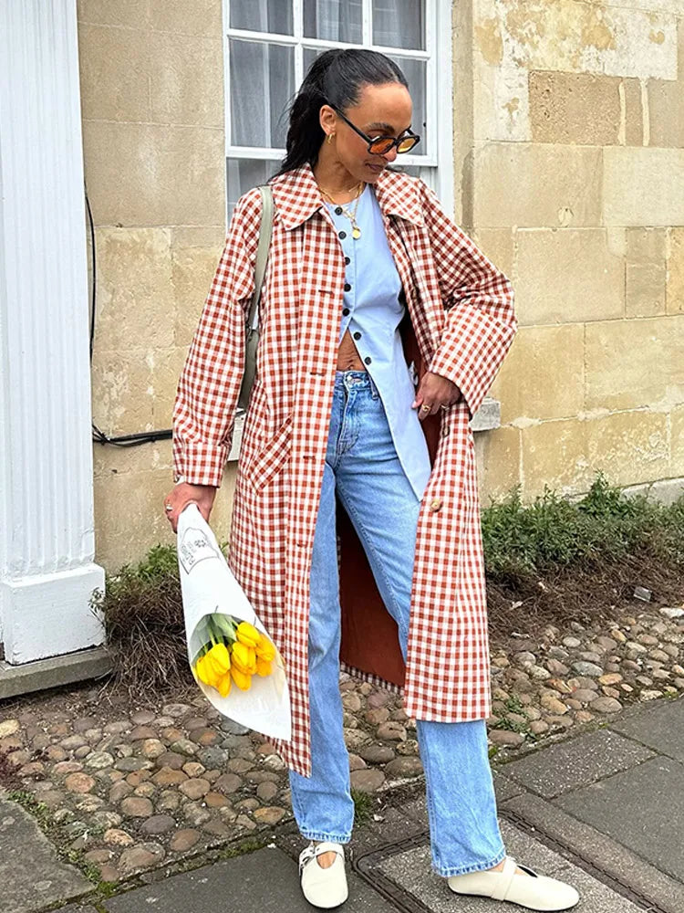 Female Plaid Long Windbreaker Fashion Chic Lapel Single Breasted Pocket Loose Jackets Lady New Daily Commuting Street Outerwear