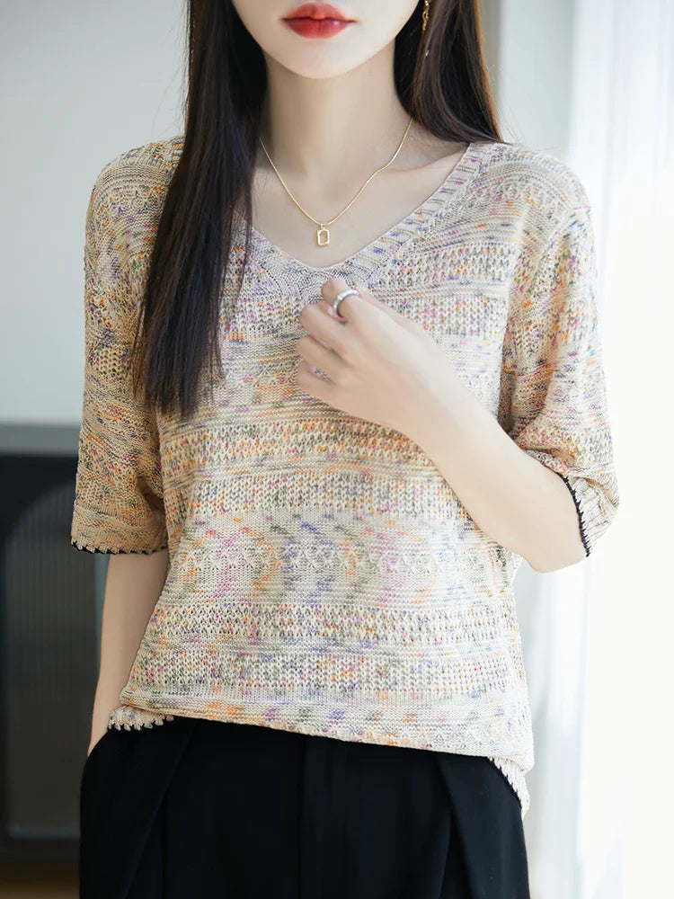 Women's Knit V-neck T-shirt Summer New Cotton Color blocked O-neck Sweater Short Sleeve Korean Loose Top Fashion Luxury Pullover