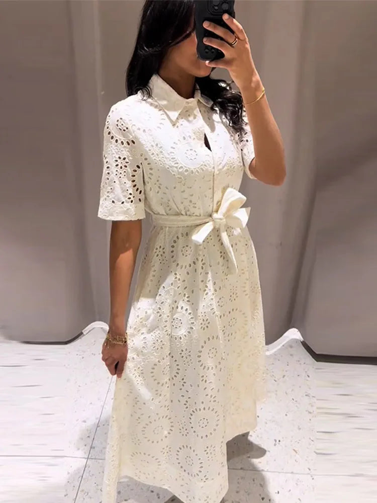 Elegant Embroidered Lapel Hollow Dress Women Fashionable Short Sleeve Belt High Waist Maxi Dresses Female Summer Chic Casual