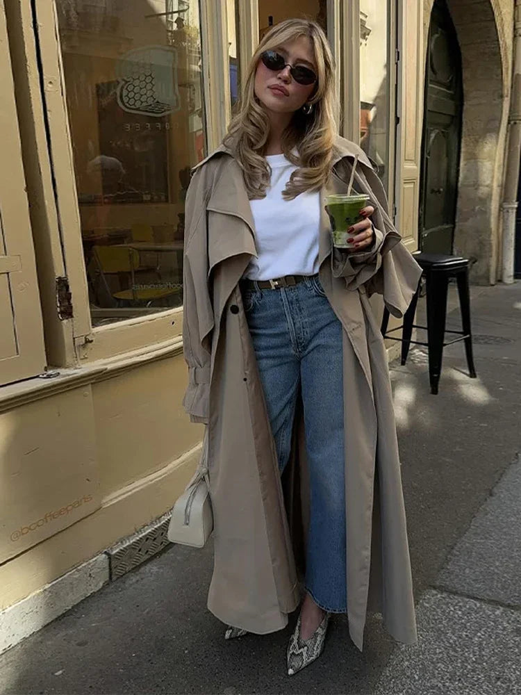 Solid Lace Up Long Trench Coat Women Chic Full Sleeves Lapel Single Breasted Loose Outerwear 2026 Lady Spring High Street Wear