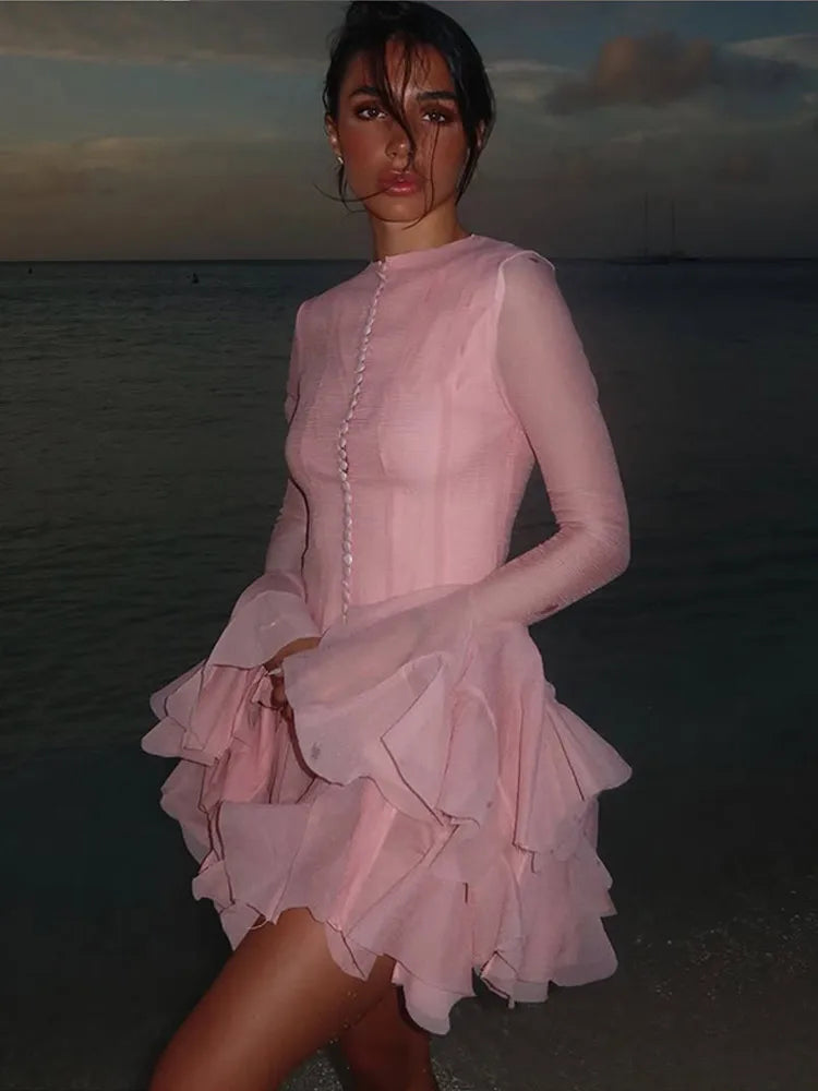 Puffy Flared Long Sleeve Dress Waist Cinched Round Neck Big Skirt Hem Party Gown French Slim Fit Fairy Short Dresses Summer New