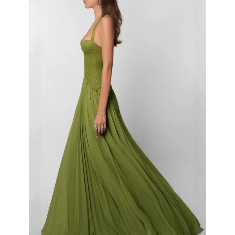 Green Fishbone Corset Halter Maxi Dress Women Backless Off Shoulder Pleated Patchwork Slim Dresses Lady Christmas Party Gown New