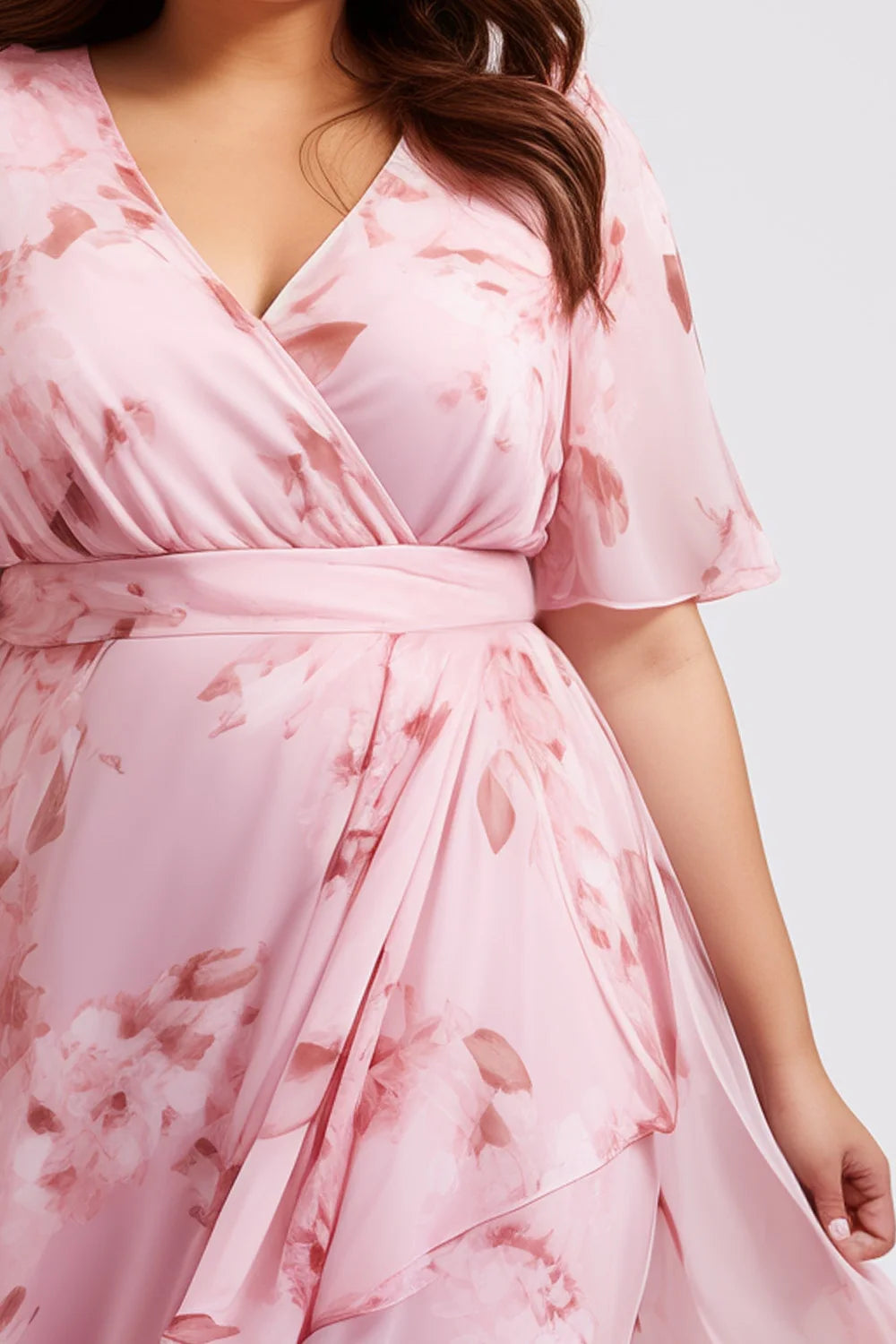 Flycurvy Plus Size Vacation Pink Chiffon Floral Print Wrap Slit Maxi Dress