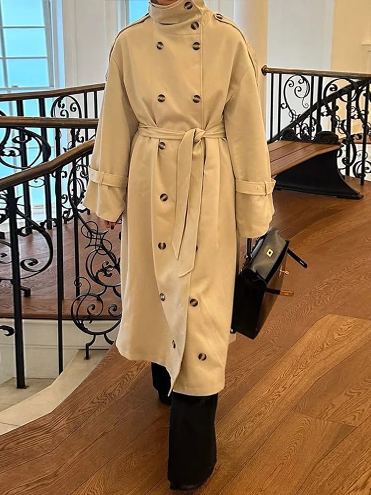 Women's Trench Coat Double Breasted Stand Collar Epaulet Lace Up Long Windbreaker Office Lady Autumn Winter Solid Slim Outerwear