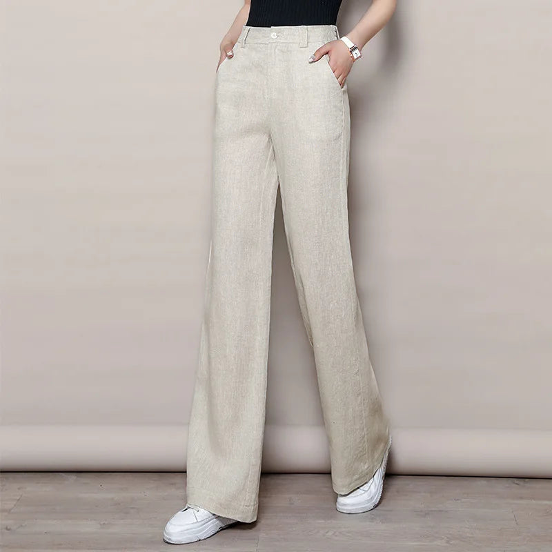 Women's High Waist Wide Leg Drape Pants Cotton Linen Loose Casual Straight Summer Slacks