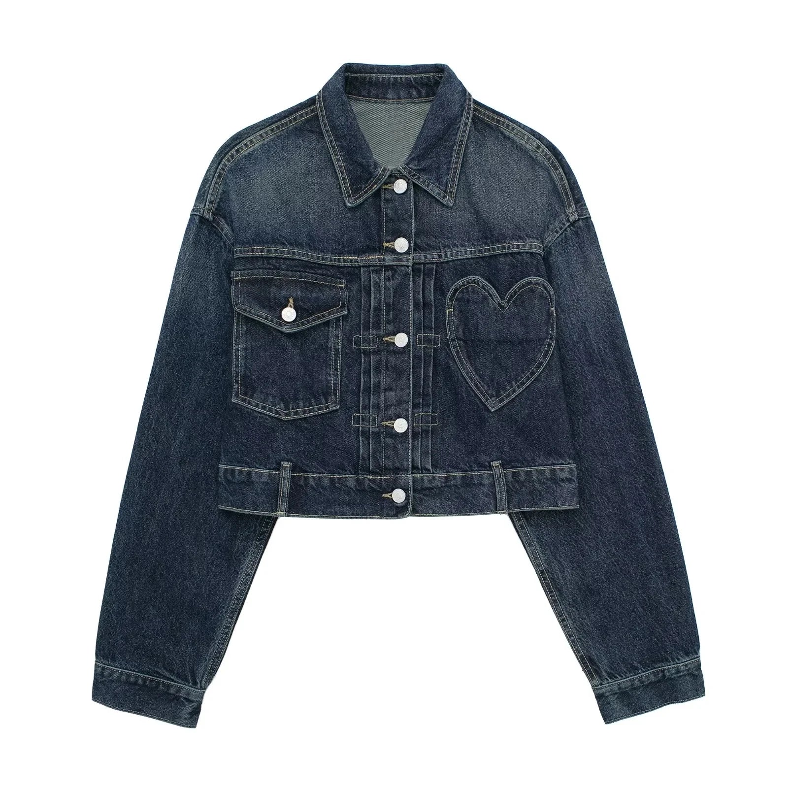 HH Women Dark Blue Denim Coat Heart Pattern Outerwear Long Sleeve Single Breasted Jacket Spring Female Chic Top Coats