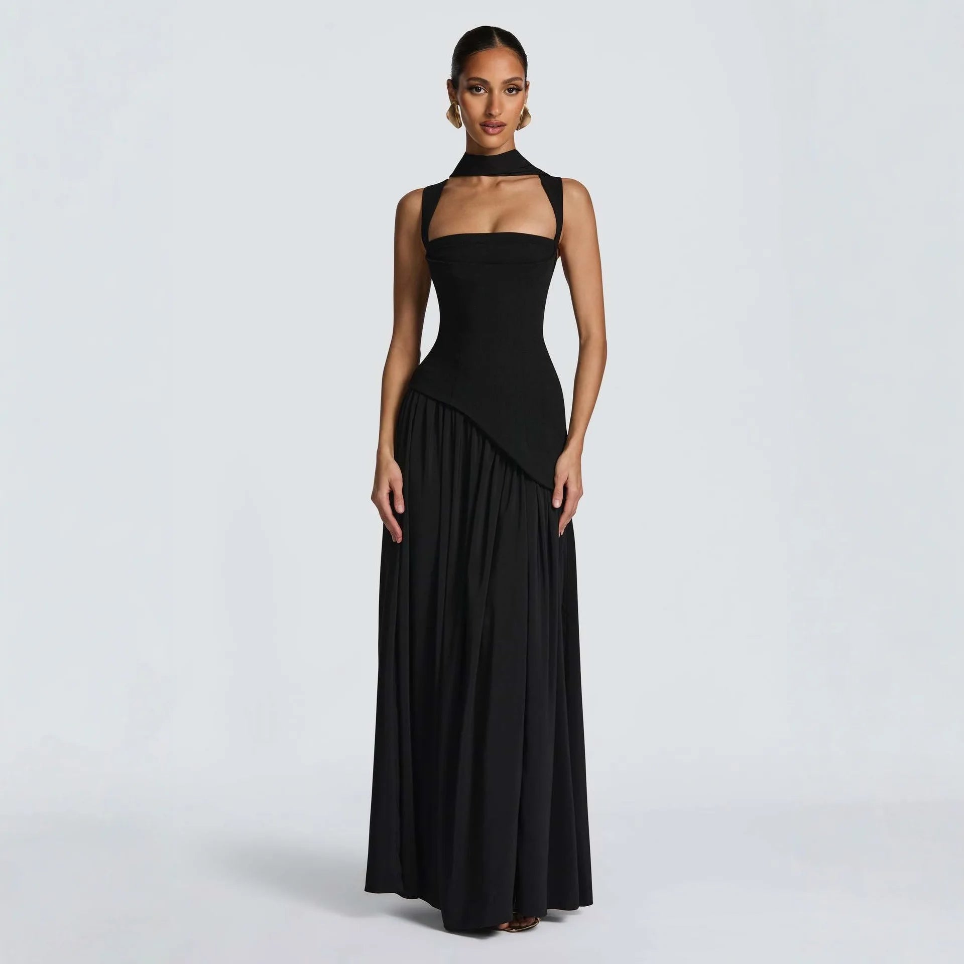 Maxi Women's Dress Elegant Green Chiffon Bodycon Party Dress with Scarf Casual Lace Up Beach Dress