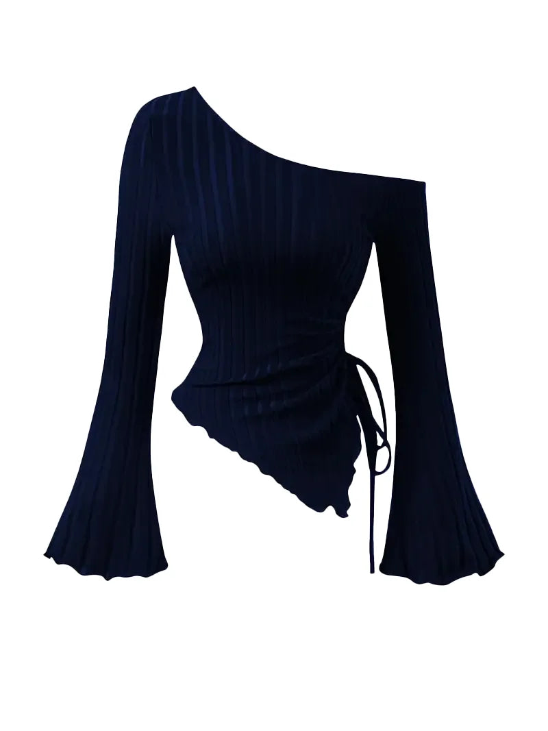 women's New off shoulder cross long sleeved slim fit casual street style asymmetrical elegant T-shirt trumpet sleeve top