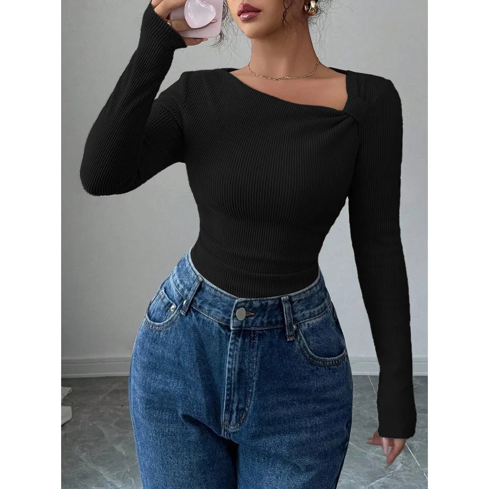 2025 Fall Winter New Fashion Women's Tops Asymmetrical Pleated Simple T-Shirt Y2k Clothing