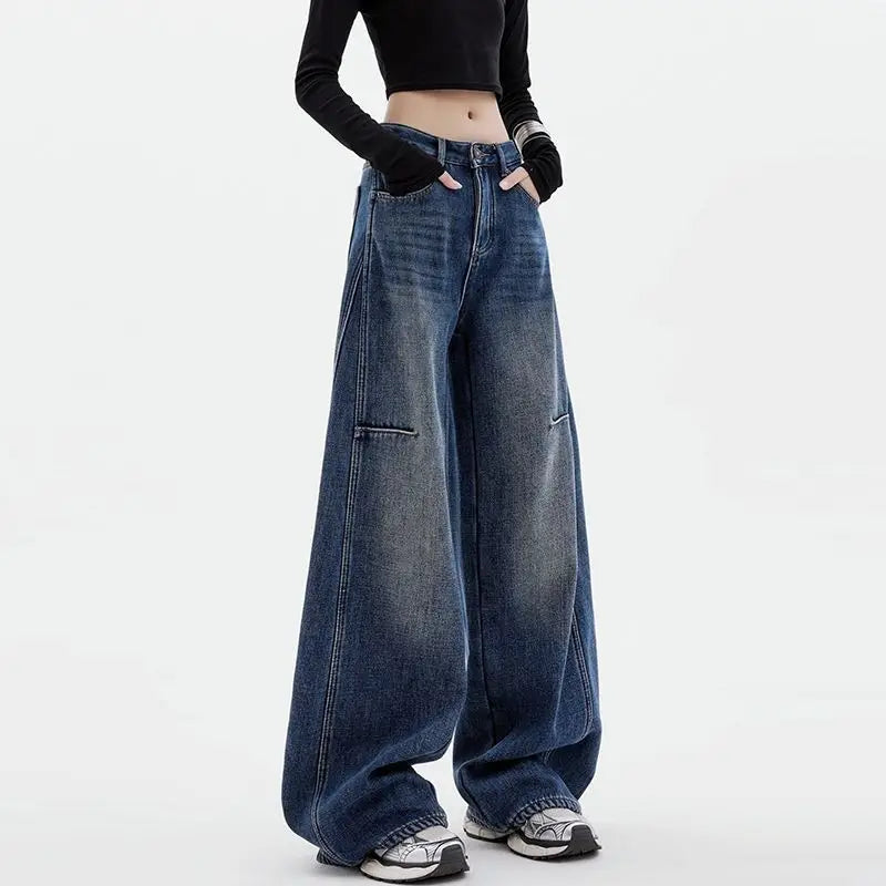 Female Student Casual Blue Jeans Wide-Leg Pants Loose Drape Straight-Leg Trousers Spring Autumn Floor Pants Fashion Streetwear