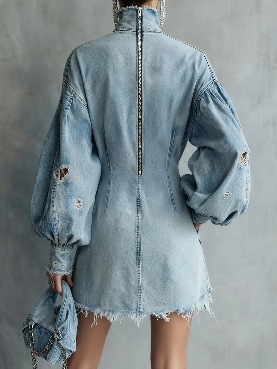 Vintage Blue Denim Mini Dress High Collar Lantern Sleeve Ripped Trimmings Long Sleeve Retro Chic Women's Fashion