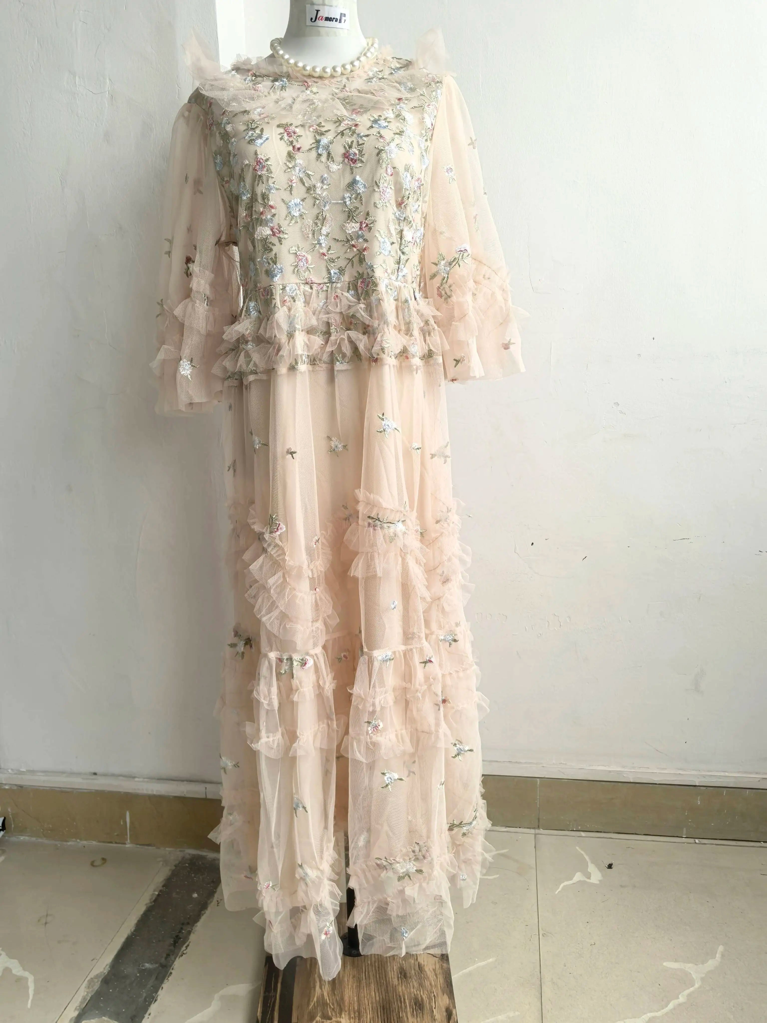 Runway Luxury Long Dresses Women 2026 Summer Holiday Embroidery Flower Ruffles Midi Party Evening Dress Lady Prom Vestidos