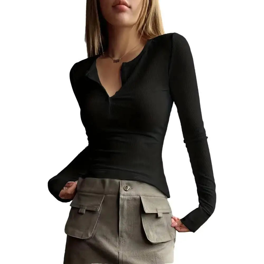 Women's T-Shirt Round Neck Long Sleeve Henley Button Ribbed Slim Tops Casual Tee Spring Summer Casual T-Shirt Daily Stretchy Top