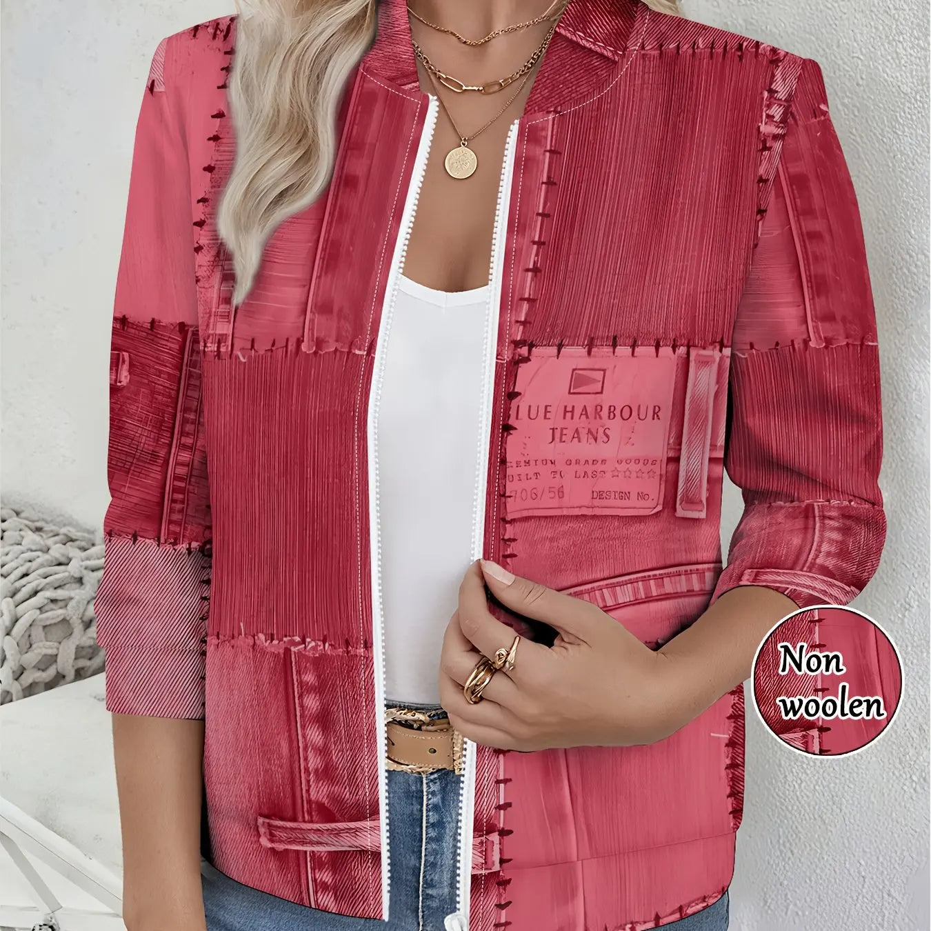 2025 Fashion Women's Faux Denim Jacket, Elegant Patchwork Print, Casual Party Wear, Vintage Inspired Design Not Denim