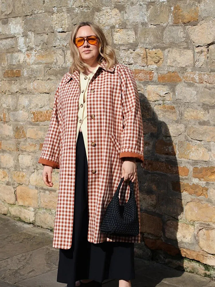 Female Plaid Long Windbreaker Fashion Chic Lapel Single Breasted Pocket Loose Jackets Lady New Daily Commuting Street Outerwear