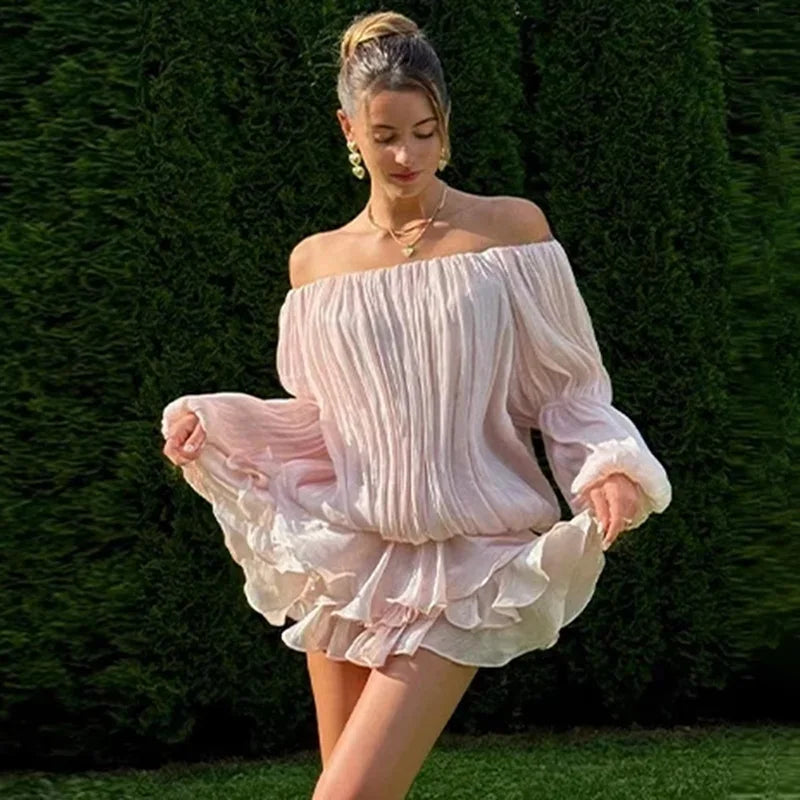 Ticketsx Summer Shiny One Shoulder Skinny Pleated Mini Dress Elegant Solid Ruched Long Sleeve Vestidos Lady Party Evening Dress