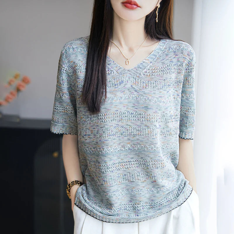 Women's Knit V-neck T-shirt Summer New Cotton Color blocked O-neck Sweater Short Sleeve Korean Loose Top Fashion Luxury Pullover