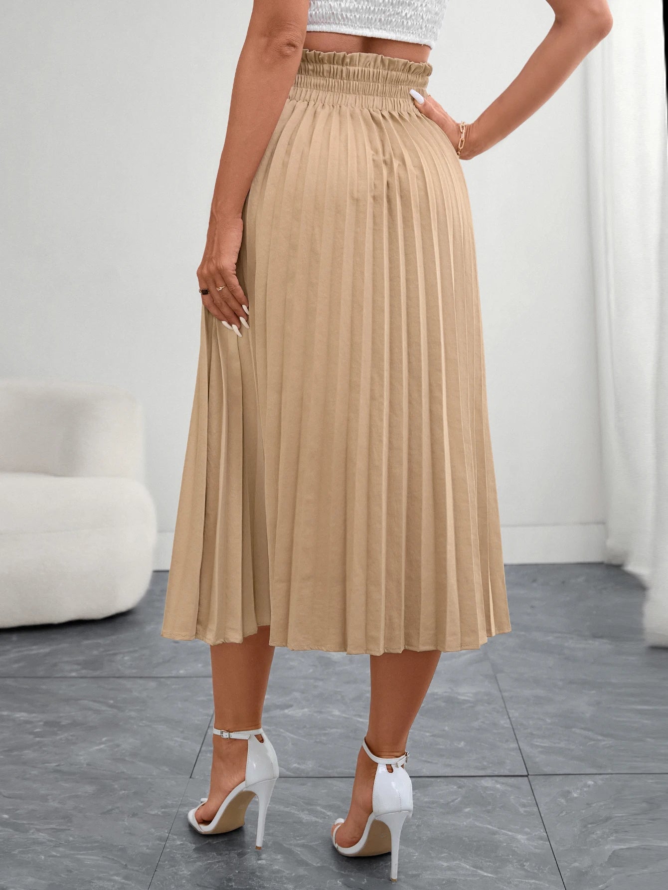 Women's Beige Pleated Midi Skirt Elegant a Line Half Skirt with Elastic Waistband Perfect for Office Wear