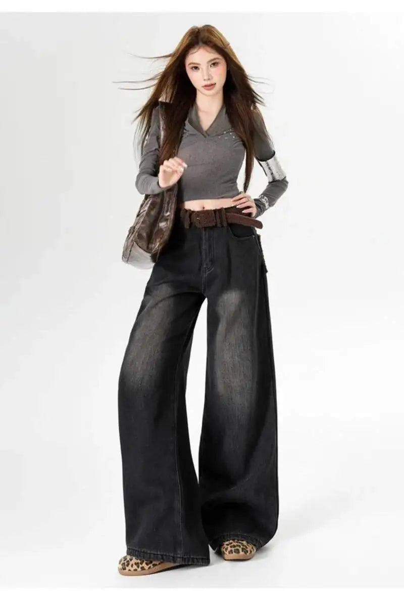 For Woman Y2k Jeans Flared Trousers Wide Leg Fleece Lined Thick Warm Retro Straight Long Pants Fashion Casual