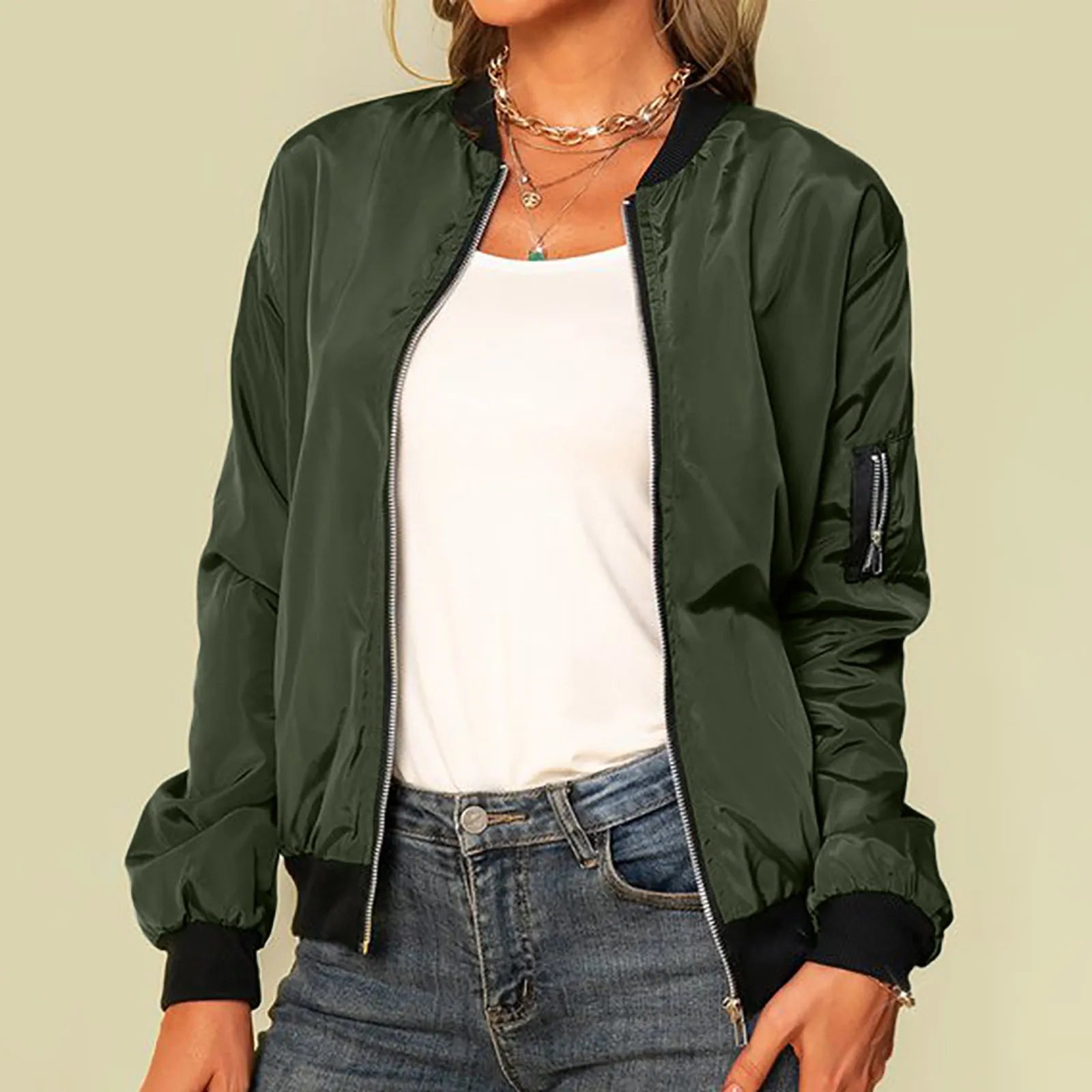 Female Army Green Bomber Jacket for Women Autumn Sport Jacket Women's Coat Stand Collar Zipper Slim Thin Jacket Jaquetas Outwear
