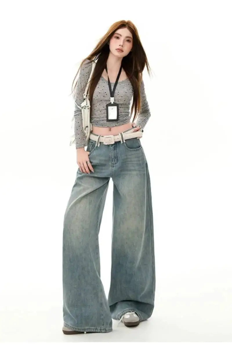 For Woman Y2k Jeans Flared Trousers Wide Leg Fleece Lined Thick Warm Retro Straight Long Pants Fashion Casual