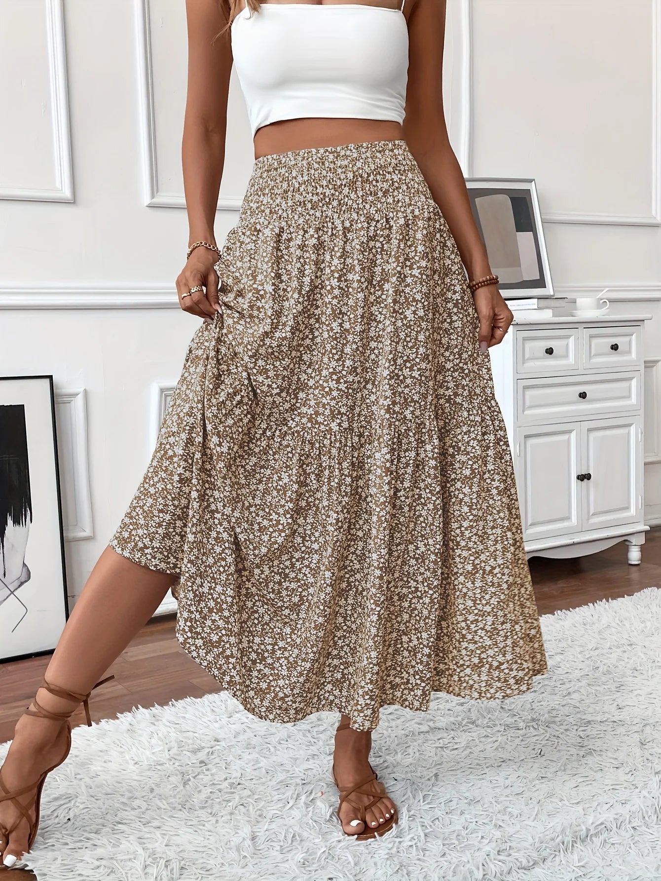 Women's High Waisted Floral Tiered Maxi Skirt Elegant A-Line Flowy Long Skirt with Elastic Waist Perfect for Summer Wear