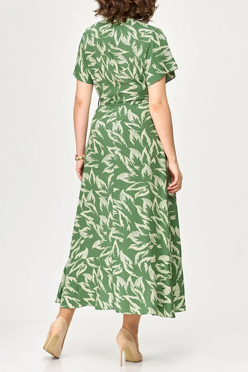 Flycurvy Plus Size Mother Of The Bride Green Chiffon Plant Print Lace-Up Crossover Hem Tunic Tea-Length Dress