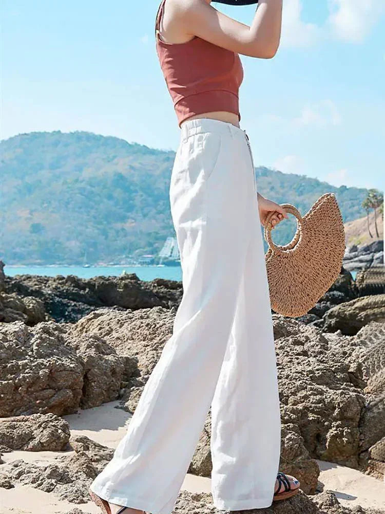 Summer Women's Pants Cotton Linen Wide Leg Pants Full Length Casual Solid White Loose High Waist Straight Trousers Women