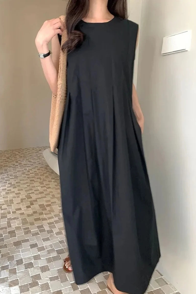 Chic round Ne Pleated Svel Women's Dr High Waist Slimming Midi Skirt Summer Faion Korean Sle Gown